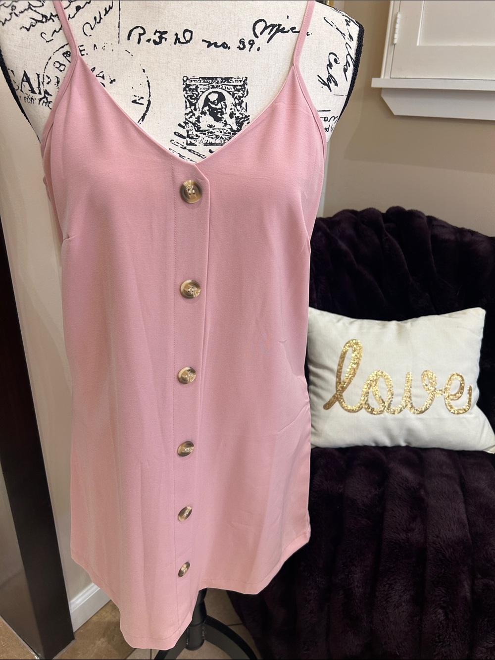 Sleeveless Pink Button-Front Spaghetti Strap Cami